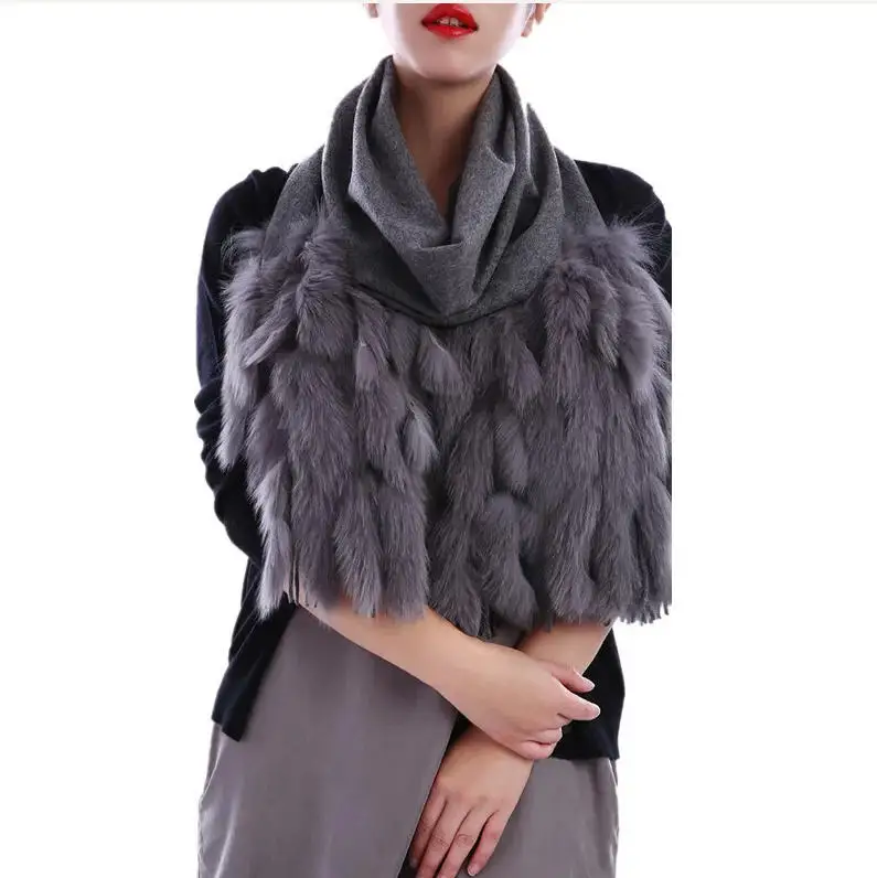 

Женский шарф из 100% чистого кашемира с отделкой из натурального лисьего меха, зимняя шаль с пушистой кисточкой для осенне-весенней моды