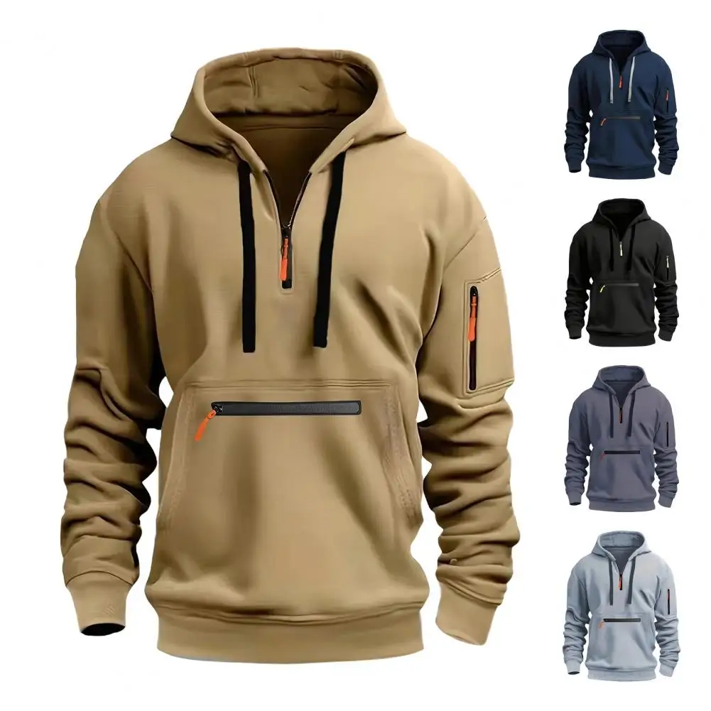 

Long Sleeve Zippered Hoodie Men's Fall Winter Hoodie with Zipper Decor Hooded Long Sleeves Multi Pockets Stylish for Comfort