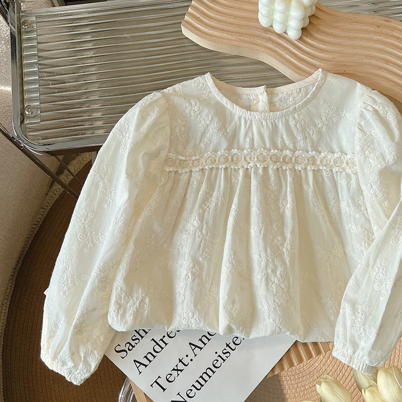 Girls Lace Embroidery Shirt Spring Beige Long Sleeved Round Neck Cotton Blouse Sweet Korean Style Casual Tops image 2