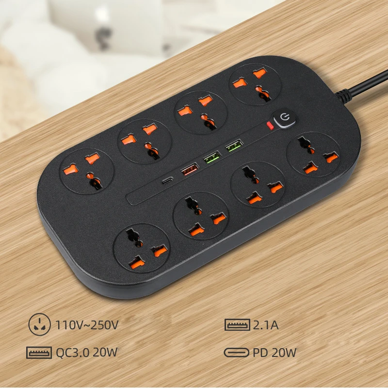 Power Strip Surge Protector Electrical Sockets with 3 USB 1 Type-C Ports 2m Extension Cord 8 Universal Outlets EU,UK,US Plug