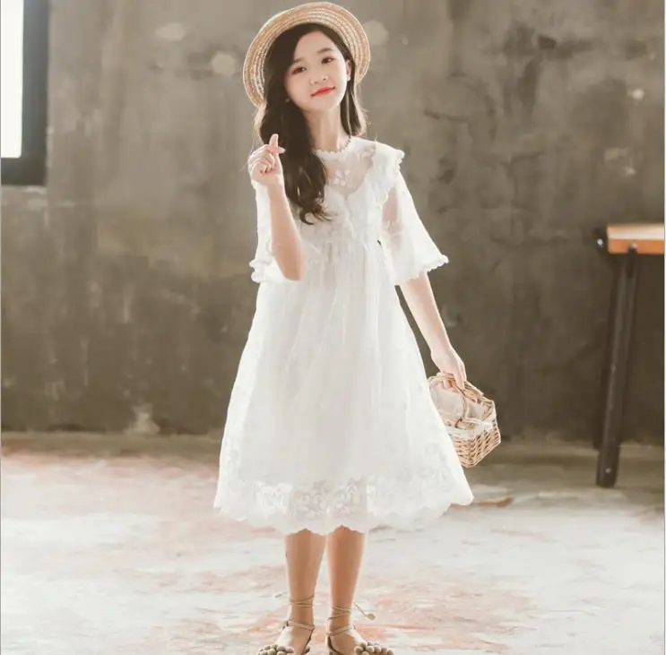 2024 Summer Girls Lace mesh V neck Dress Flare Half Sleeve Ruffle Children Party Wedding Baby Princess Knee Vestidos 8 10 year