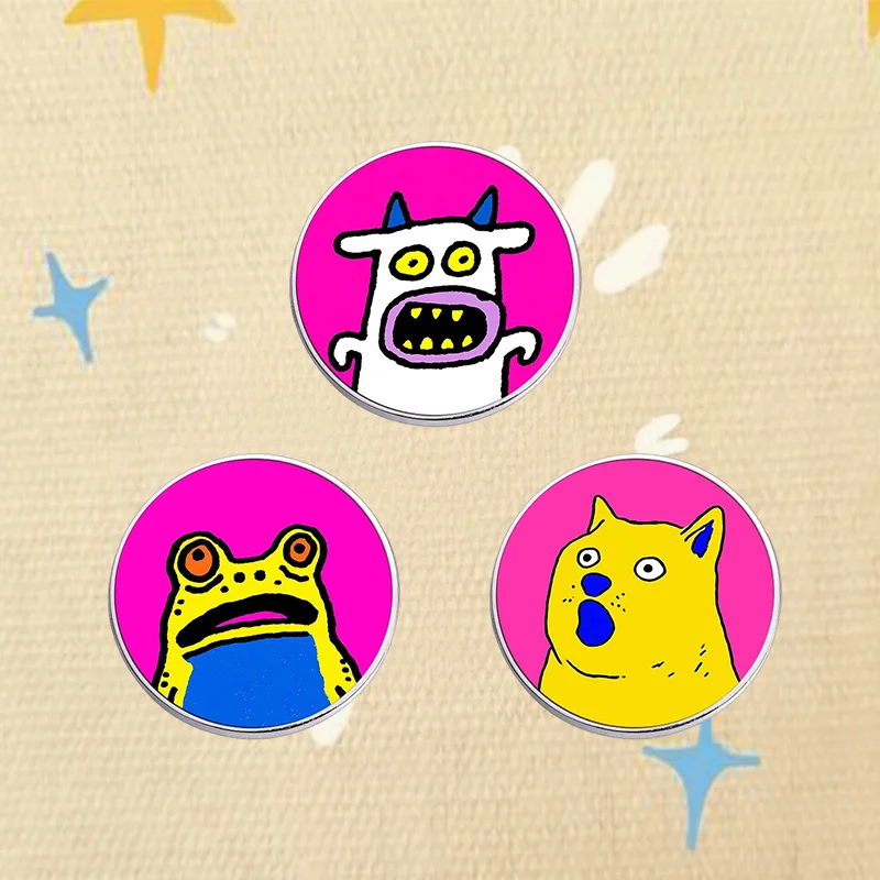 Cartoon Meme Animal UV Printing Pin Funny Graffiti Monster Frog Dog Brooch Bright Pink Background Lapel Badge Clothing Decor