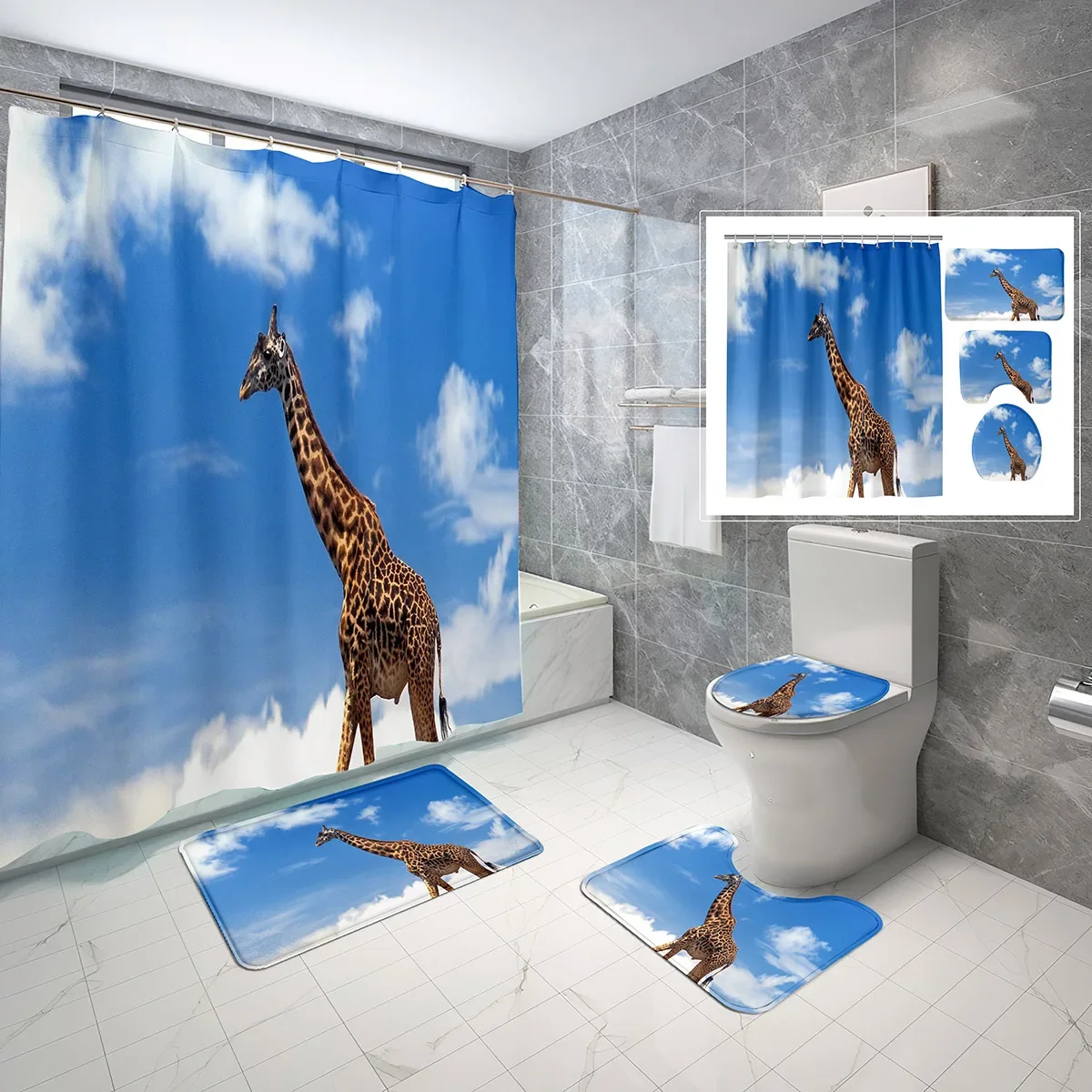 4 Pcs Giraffe Theme Shower Curtain Sets Cute Funny Wild Animal Non-Slip Bath Mat Toilet Cover Waterproof Shower Curtain Set