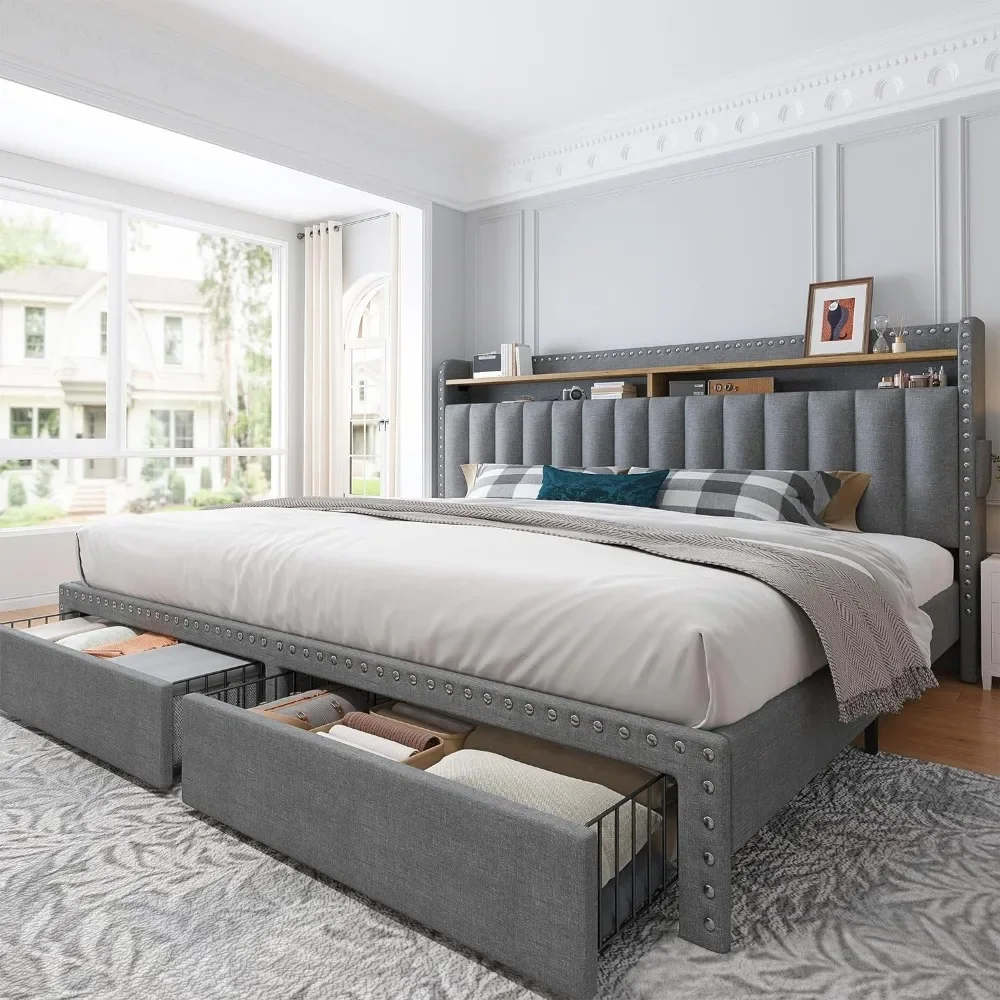 

King Size Bed Frame with Storage and Headboard, Upholstered King Bed Frame with Storage, Grey King Bed Frame w 2 Drawers