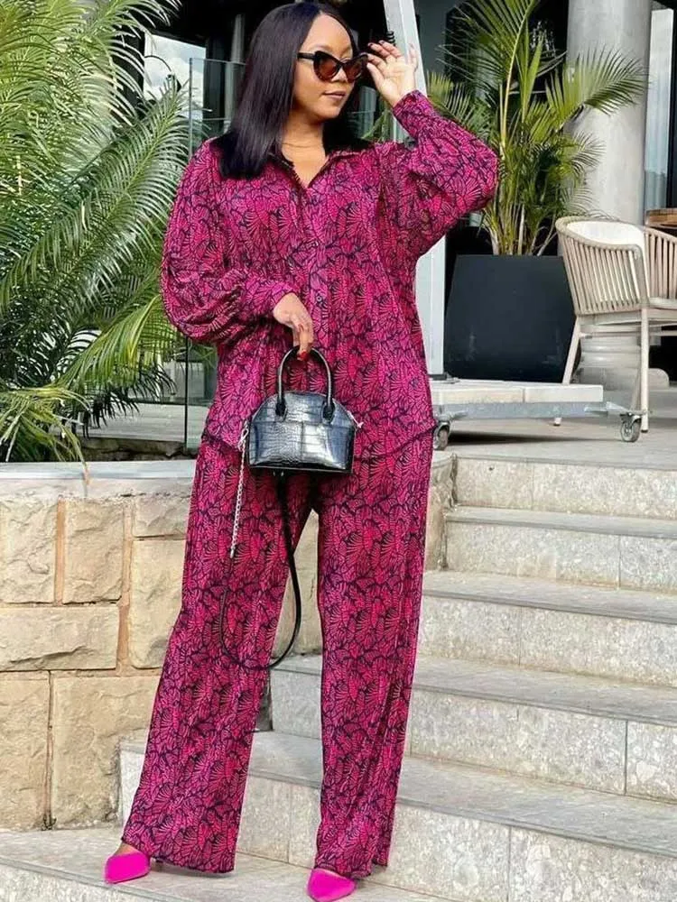 

Casual Vacation Outfits Woman Spring Summer Printed Loose Fit Shirt Matching Ladies Pants Set African Fashion Women Clothes