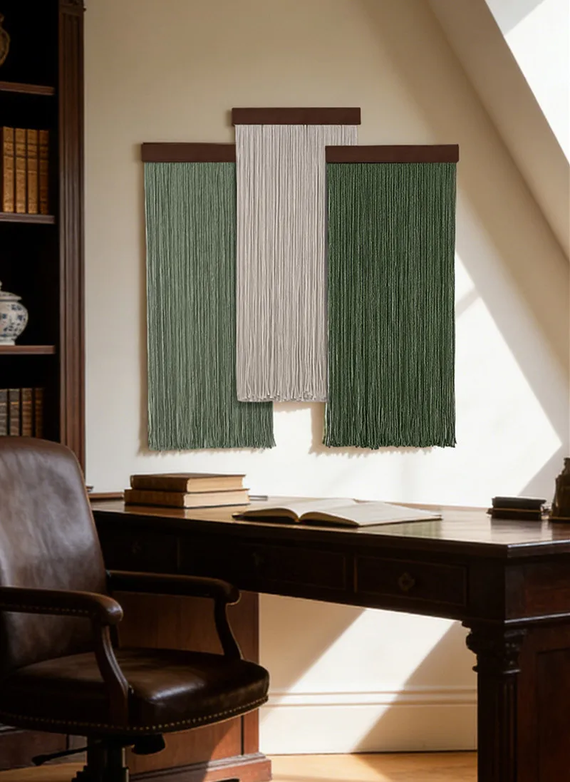 Wall Mounted Bohemian Chic Home Decoration, 3PCS Bohemian Green Beige Fringe Gauze Wooden Tapestry, Holiday Gift.