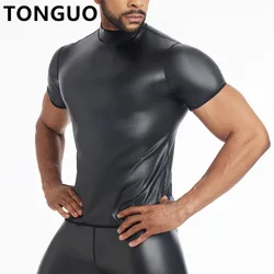 T-shirt da uomo con colletto alla coreana magliette a maniche corte in ecopelle camicie dimagranti Body Shapers vita Trainer intimo Shapewear in pelle