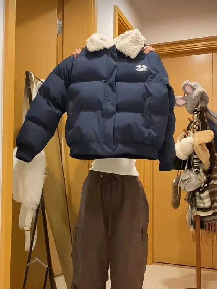 

Ретро-куртка из хлопка с воротником из овечьей шерсти в американском стиле, женская, осенне-зимняя, теплая, короткая, хлопковая, верхняя одежда