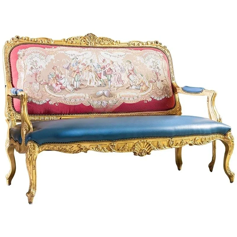 

French leather retro sofa full solid wood high-end furniture