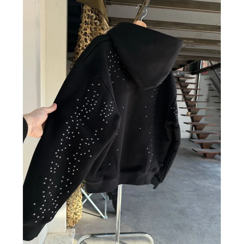 European and American dark gothic cross and star pattern brick-print hooded sweater with zipper jacket