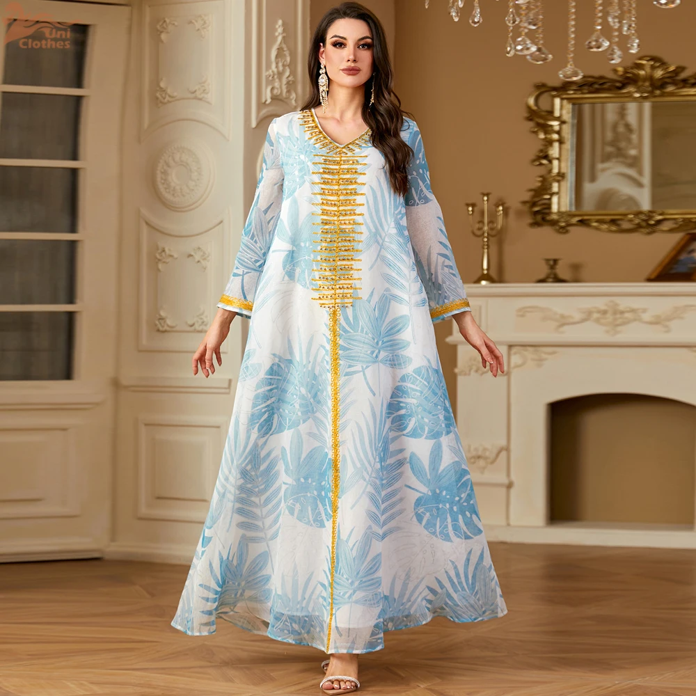 Uni New Dubai Jacquard Maxi Abaya Bordare Caftano Musulmano Abito con maniche a rete Scollo a V 2025