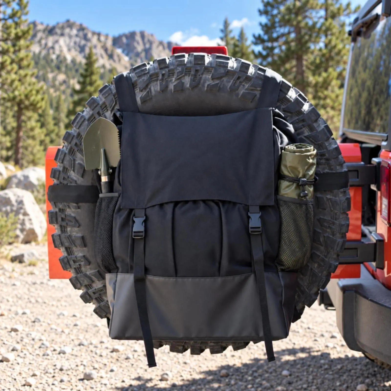 Hanging Spare Tire Storage Bag for Car Rear Door Oxford Cloth Pouch with Mesh Side Pockets Durable Travel Cargo Organizer for