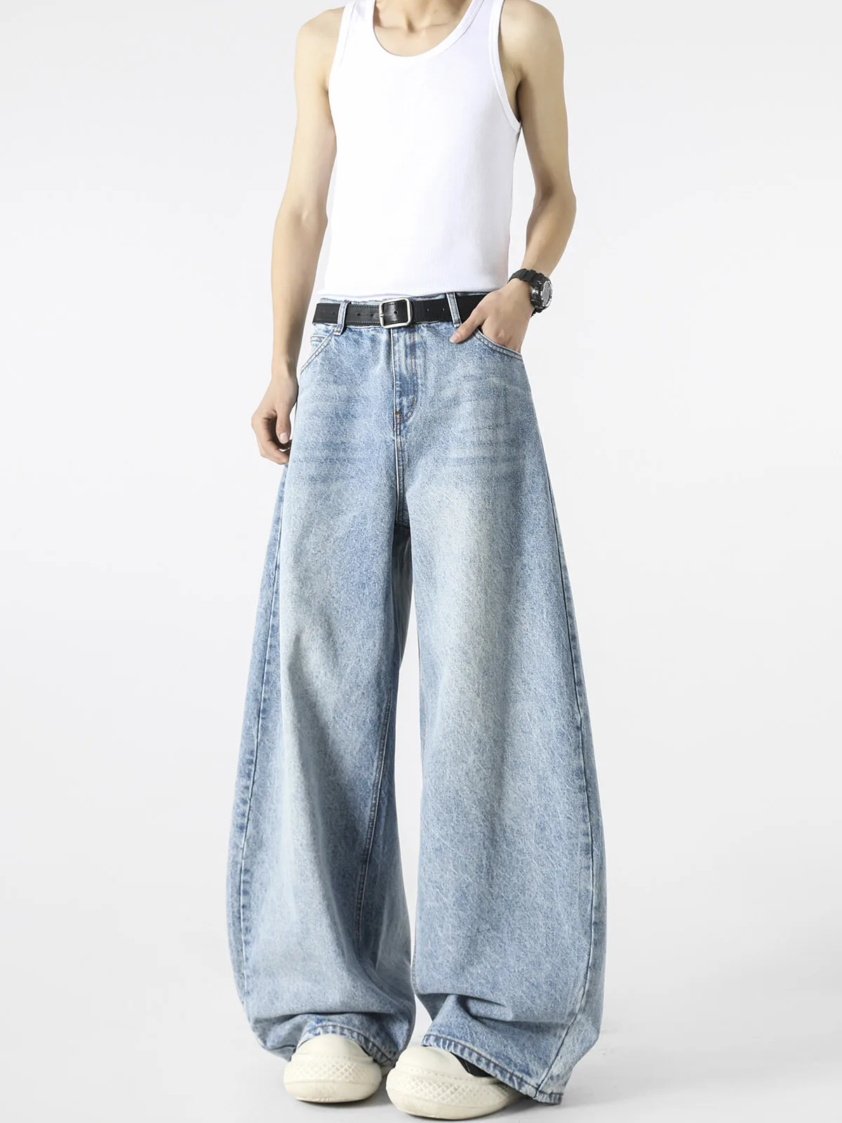 

Washed Denim Wide Leg Pants Men Women Casual Harlan Design Vintage Loose Fit Jeans Knife Style Daily Wear Teenager