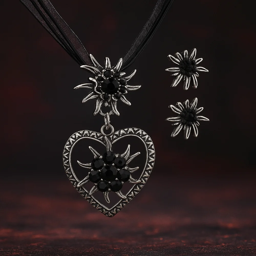 زهرة سوداء تذكارية سوداء إديلويس جوفاء النقش حبل سلسلة القلب قلادة الأورجانزا الشريط قلادة أنيقة #4