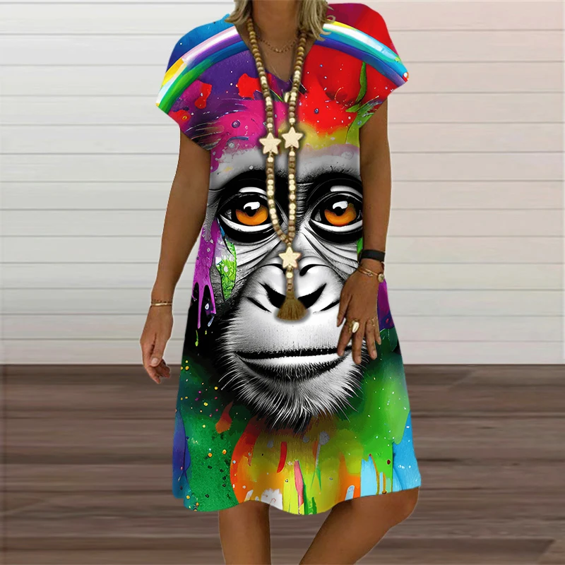 2023 Fashion Tie Dye Rainbow White Skull Women Dress Oversized Short Sleeve Dresses Casual V-Neck Loose Summer Clothing Vestidos