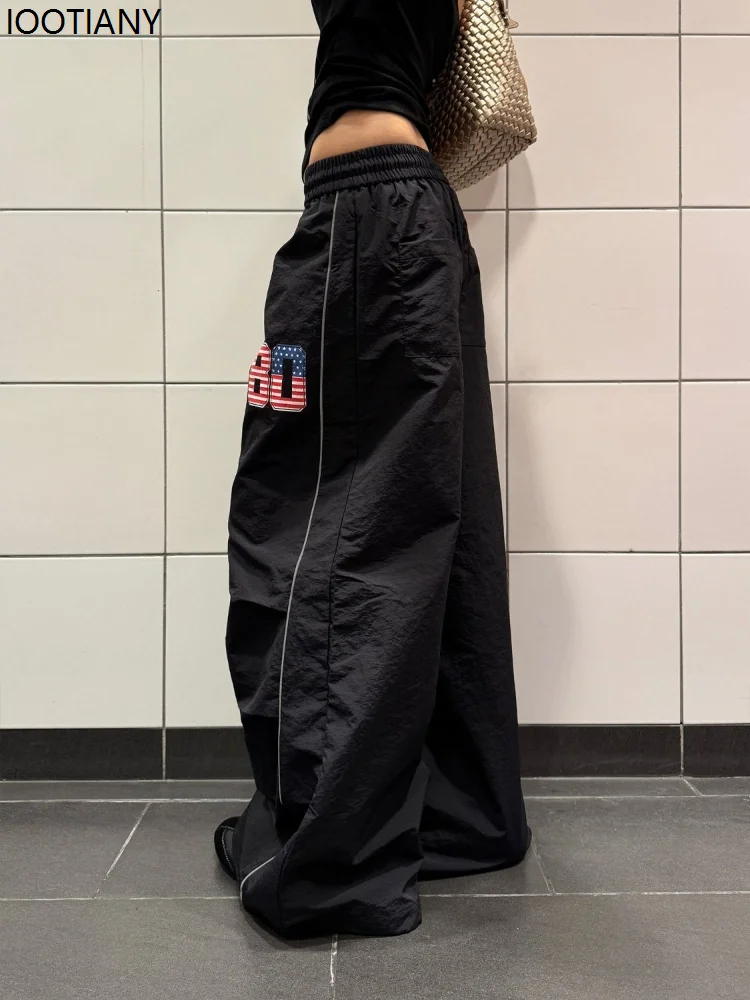 Vintage Pattern Embroidery Women's Drape Wide-leg Pants Elastic Waist Jogging Parachute Pants Loose Casual Streetwear Trousers