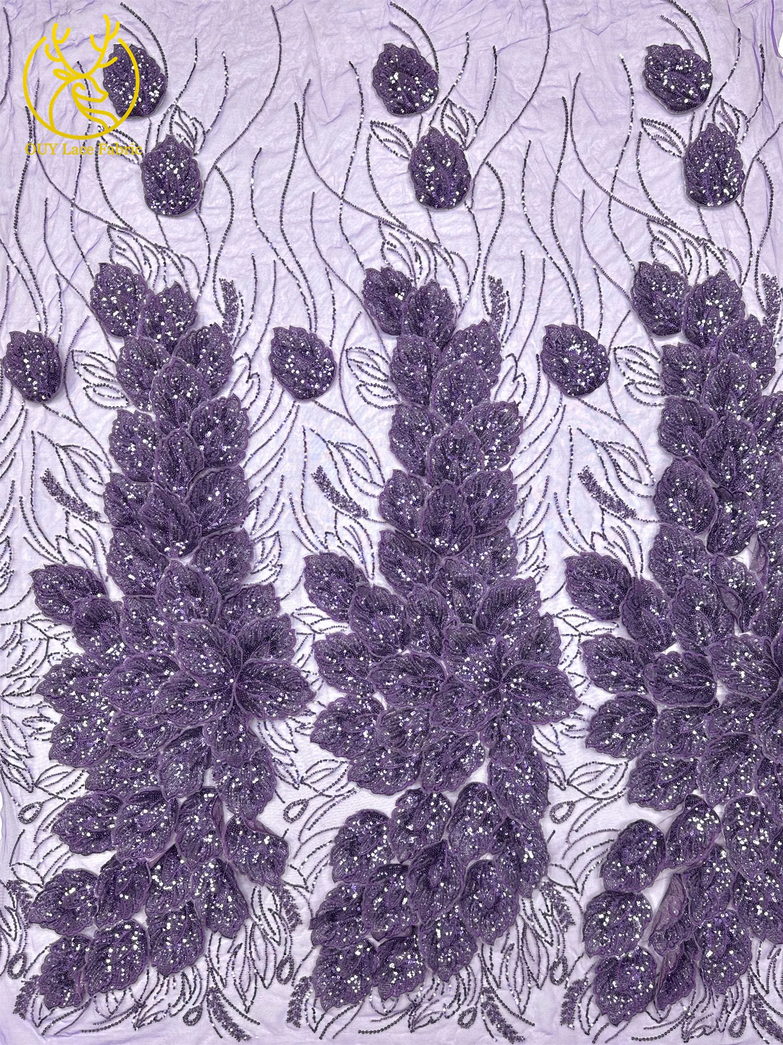 Nigerianischer 3D-Stickerei-Blatt-Spitzenstoff 5 Yards Afrikanische DIY-Stickerei Perlen-Pailletten-Spitze Tüll-Netzspitze Damen-Abendkleid – Detail 8