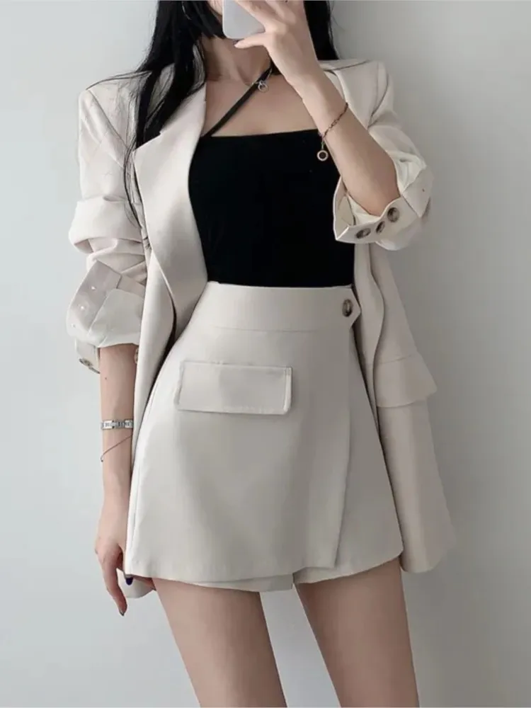 Women Vintage Solid Chic Blazer Skirts Suit Summer Casual Elegant Business Coat Mini Saya Outfits Female Formal Two Pieces Set