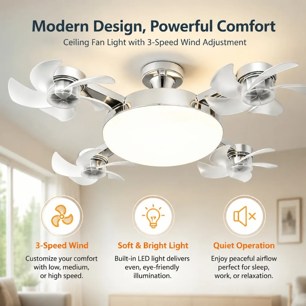 Lâmpada de Ventilador E27 3 em 1 com Design de Drone, Ventilador de Teto com Controle Remoto, 3/4 Lâminas, AC85V-265V para Quarto, Restaurante e Sala de Estar