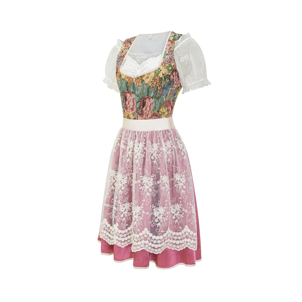 Pink Floral Pattern German Dress Oktoberfest Outfit Traditional Bavarian Costumes Women Sexy Beer Girl Costume With Lace Apron