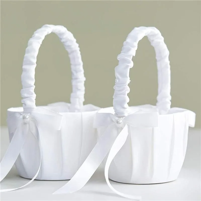 White Flower Girls Basket Silk Wedding Basket for Flower Bride/Kids Hand Held Wedding Ceremony Party Decorations