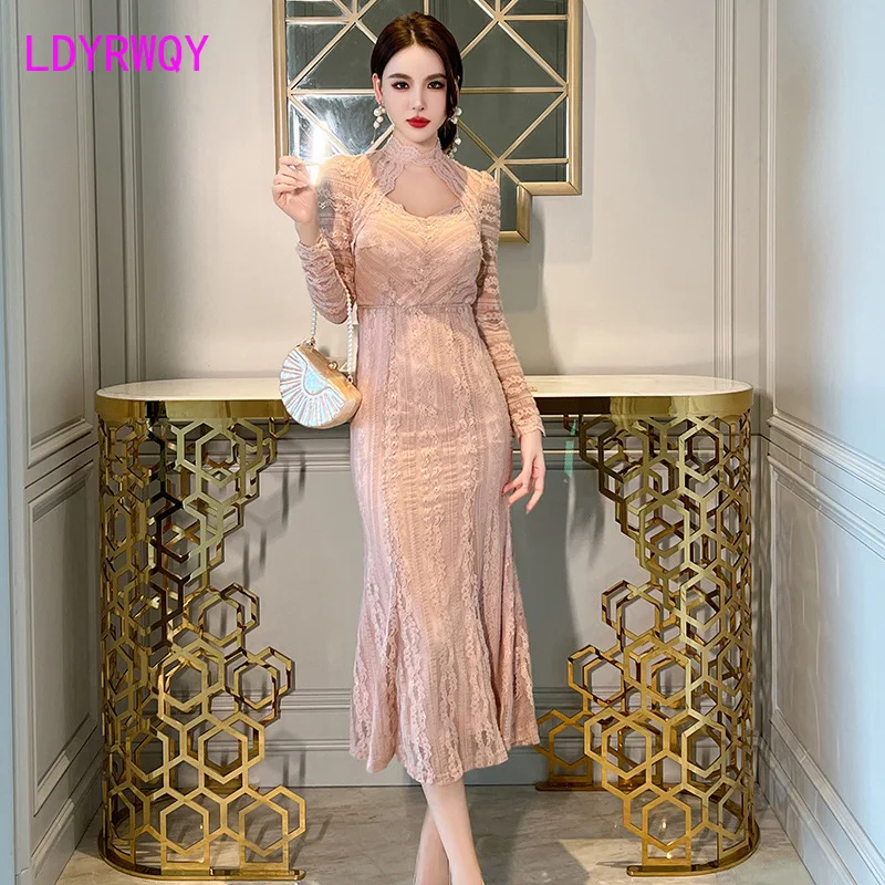 French style hollowed out waistband lace fishtail dress, ladies' style slim fitting bottom long skirt, autumn and winter