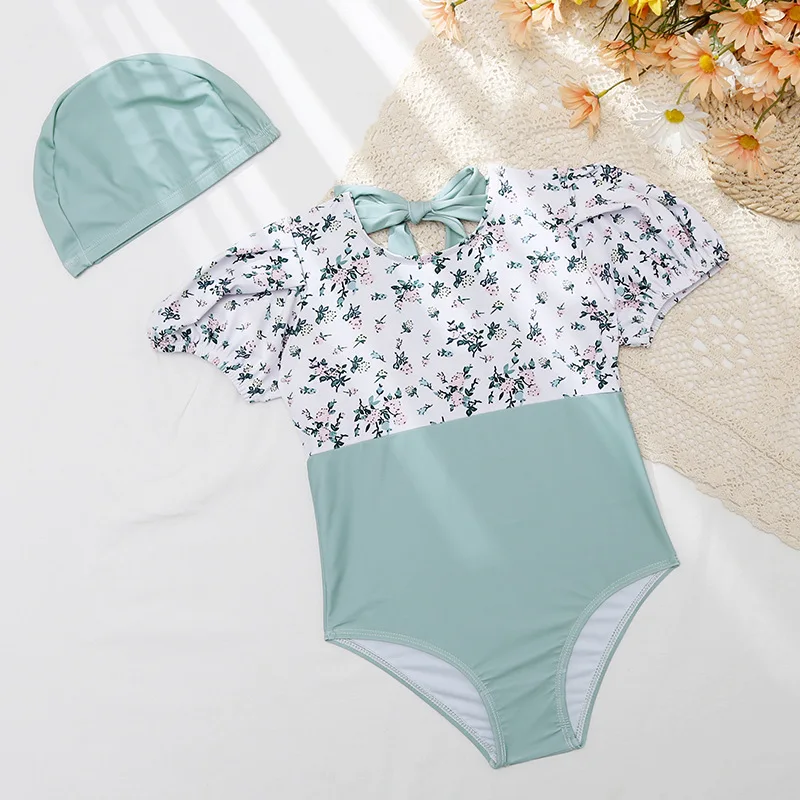 

Baby Girls One Piece Swimsuit Girl Princess Floral Print Bubble Sleeve Short Sleeve Patchwork Swimwear Spa Bathing Suit With Hat