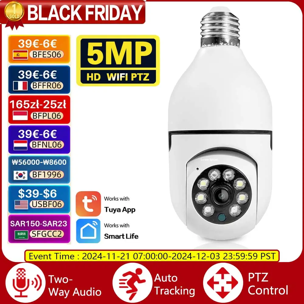 Tuya WiFi Bulb Camera 5MP 3MP Indoor Security Two Way Audio Auto Tracking Human Colorful Night Vision E27 Base Mini PT Camera