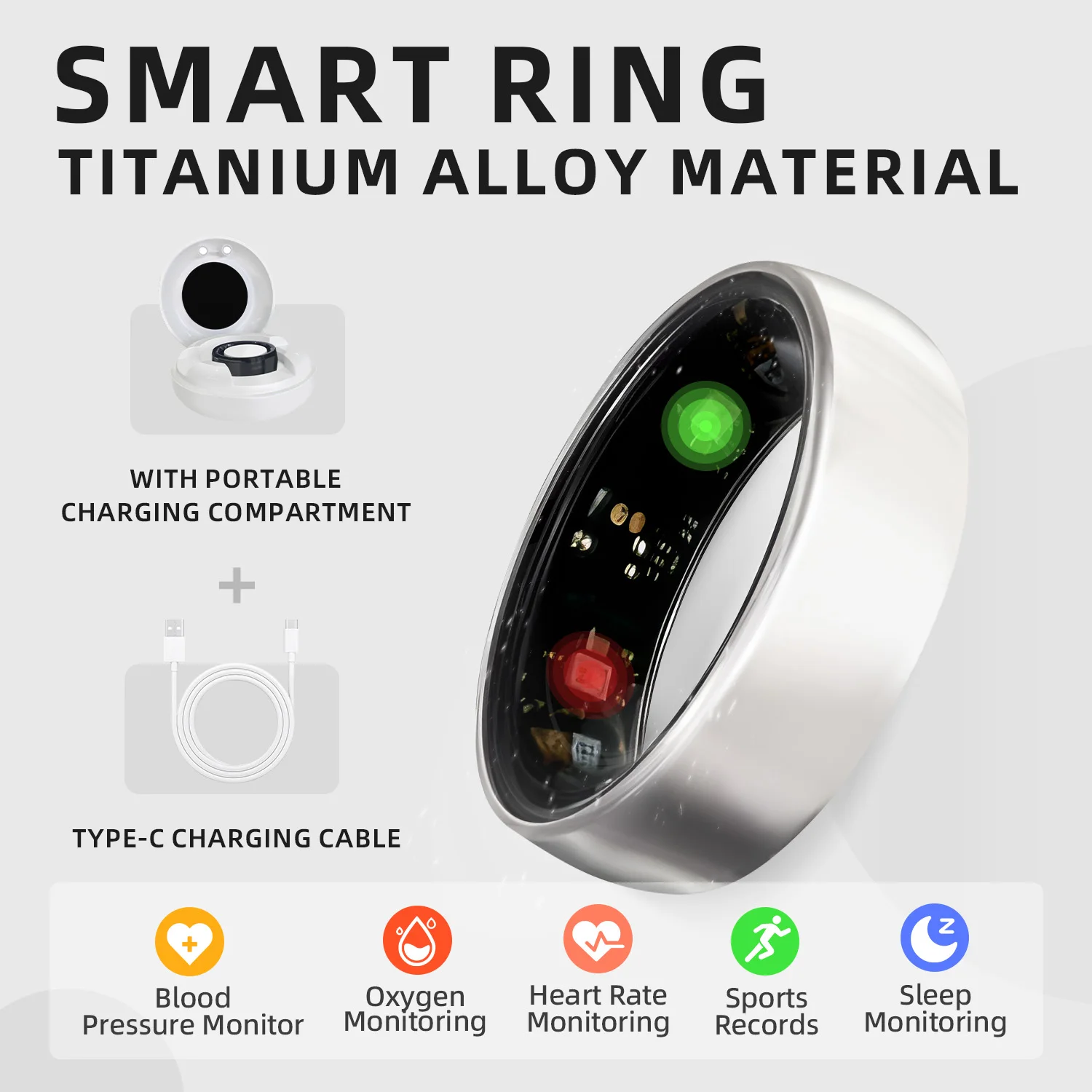 

Titanium Alloy Smart Ring, Health Tracker with Blood Pressure/Oxygen/Heart Rate Monitor, Sleep & Sports Tracking, IP68 Waterproo