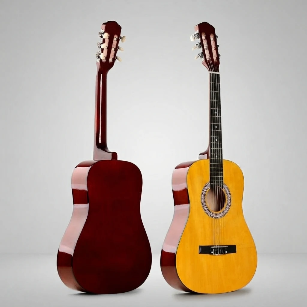 Small Body Folk Acoustic Guitar, Yellow Gloss Top Red Brown Back, Dot Fret Markers, White Tuners, Compact Size for Beginners
