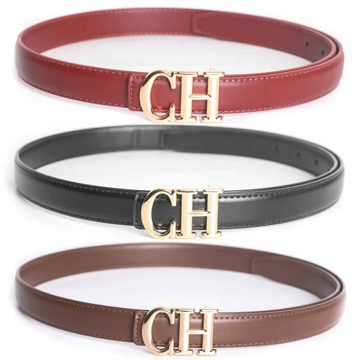 1pc Narrow Fashion Soft Dress Waist Strap for Jeans Alloy CH Buckle Women High Quality Leather Belt 2.3cm Width Waistband