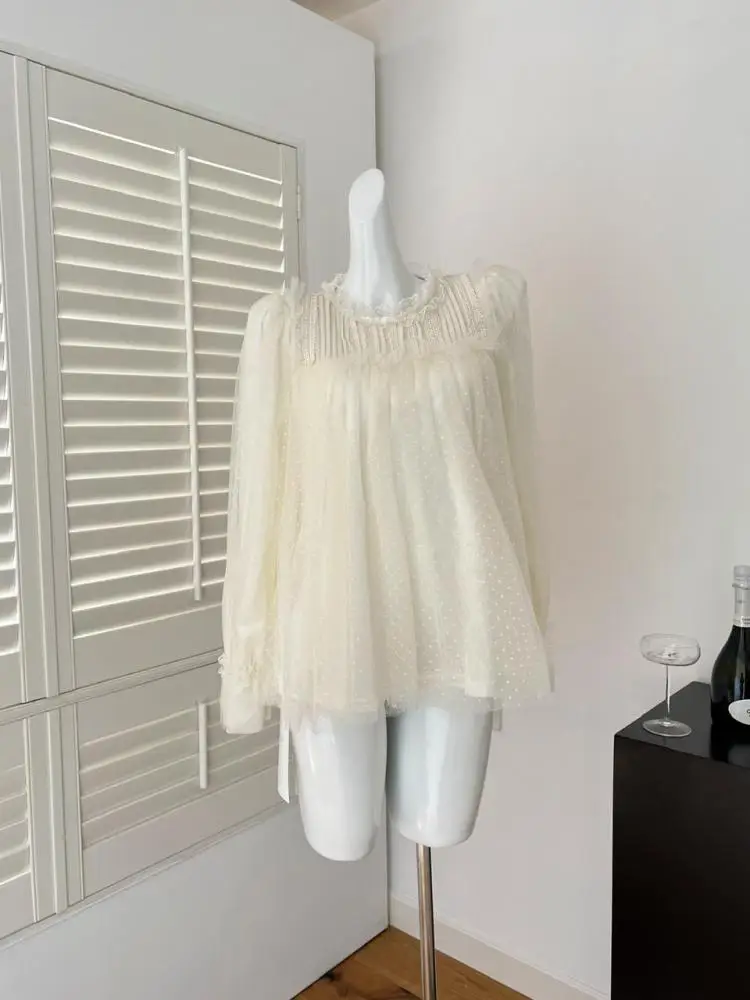 

French Women Beige Dot Lace Festival Pleated Shirt Chic Round Neck Long Sleeve Ladies Versatile Princess Tops Spring Autumn 2025