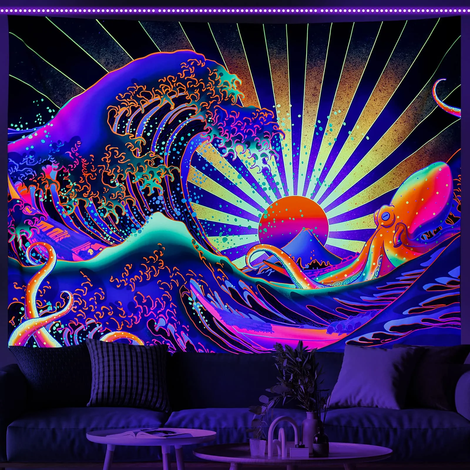 VIKAMA Cyberpunk Octopus Wave Wandteppich für Wohnzimmer, Schlafsaal, Spielzimmer, Wandbehang, Heimdekoration