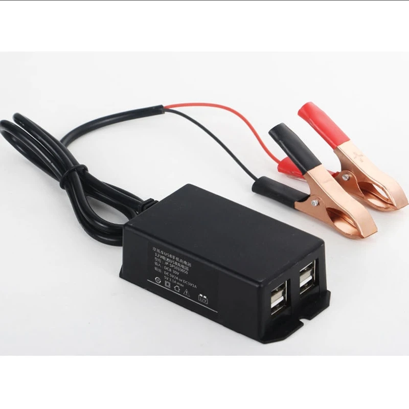 DC Power Adapter with Battery Clip 12V Vehicle USB Charger for Cellphone 4 Ports Automatically Identify Shunt Charging