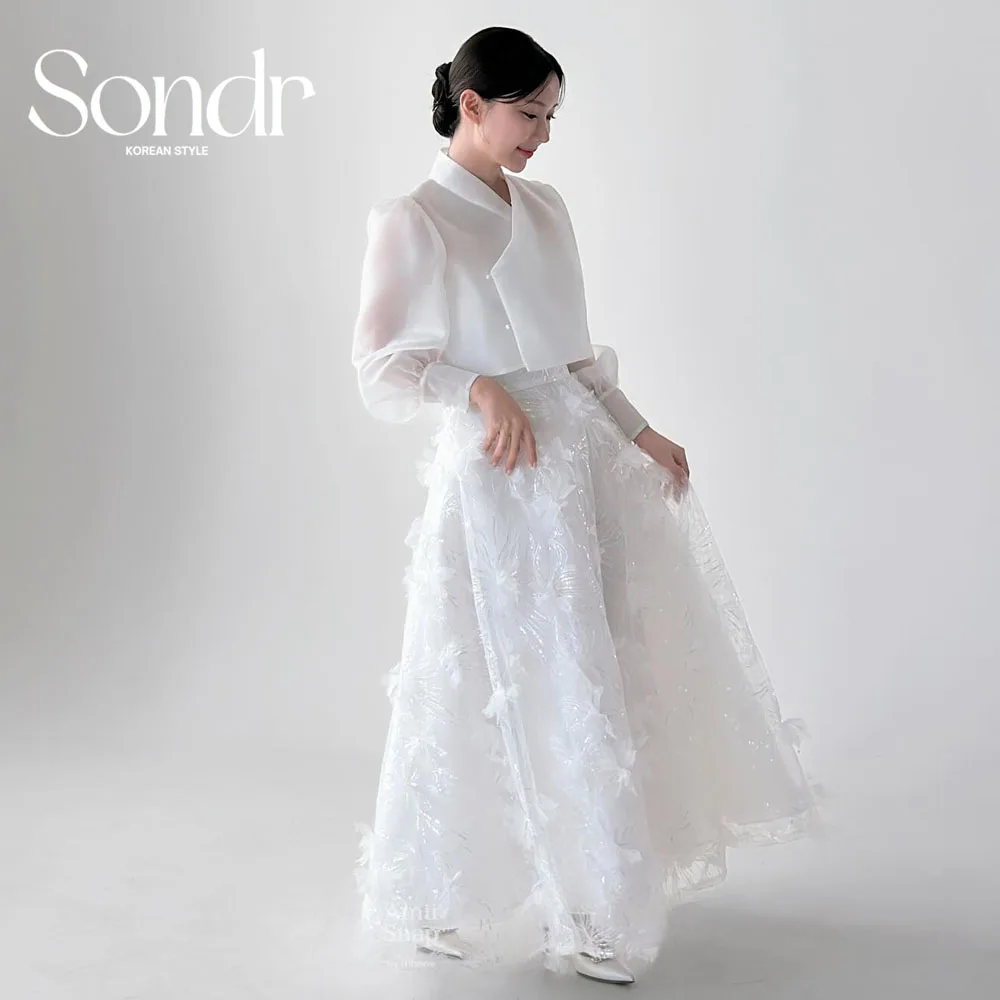 Sondr مخصص الهانبوك فساتين الزفاف الكورية صورة تبادل لاطلاق النار الفاخرة الدانتيل الخامس الرقبة طويلة الأكمام الأورجانزا فستان زفاف لحفل الزفاف #1