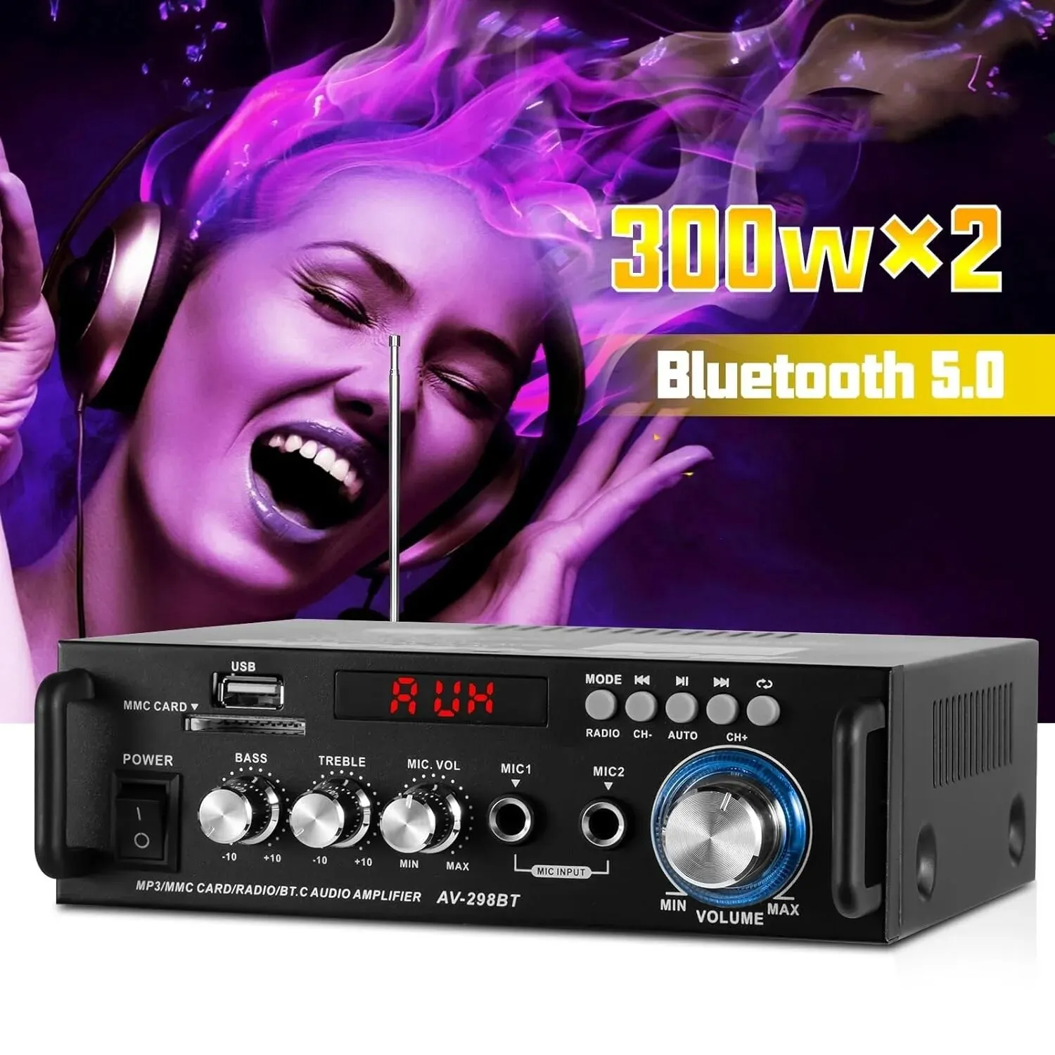 AV-298BT Cyfrowy wzmacniacz mocy HiFi Bluetooth Wzmacniacz audio Maksymalnie 300Wx2 Bezprzewodowy wzmacniacz audio stereo Bluetooth 5.0