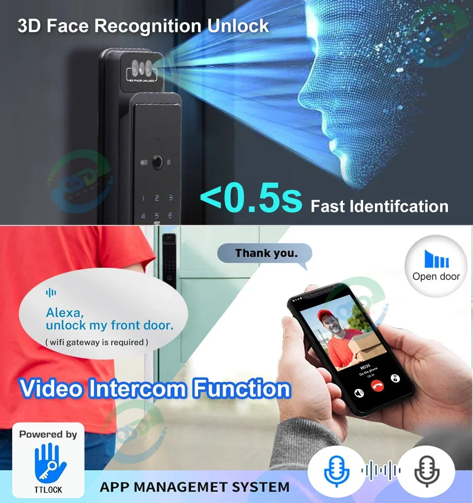 Intelligent TTLock WiFi App Smart Lock Face Recognition Automatic Intercom Real-time Camera Smart Door Lock