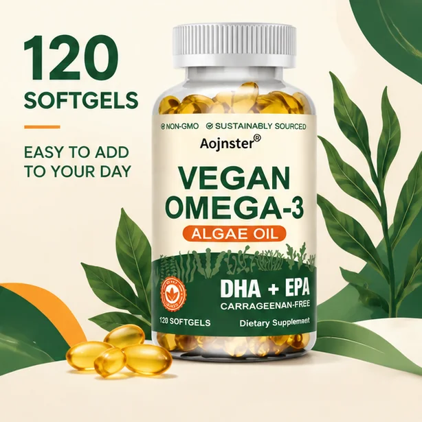 Plant-Based Vegan Omega-3 Softgels, Algae Oil DHA plus EPA, Non-GMO Ingredient,120 Pieces,Bottled Nutrient Supplement for Adults