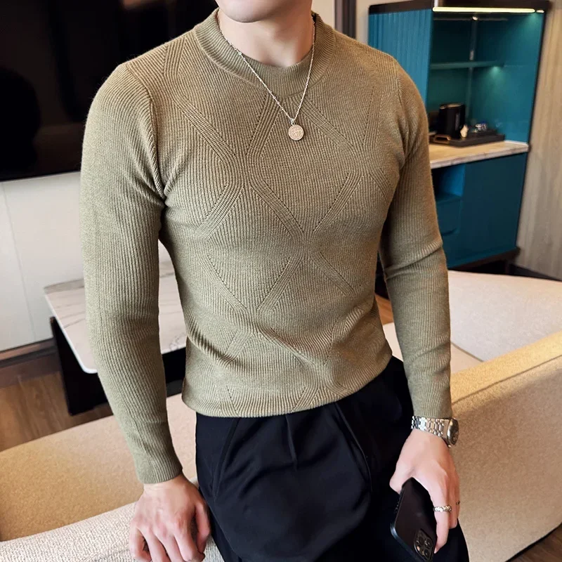 2024 Fall new high-quality O-neck sweater men's slim-fitting base shirt, geometric pattern solid color pullover sweatshirt M-4XL