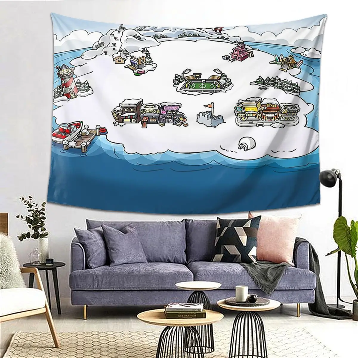 Tapiz de mapa de pingüino del Club, decoración artística, tapices estéticos para sala de estar, dormitorio, pared del hogar, tela para colgar en la pared