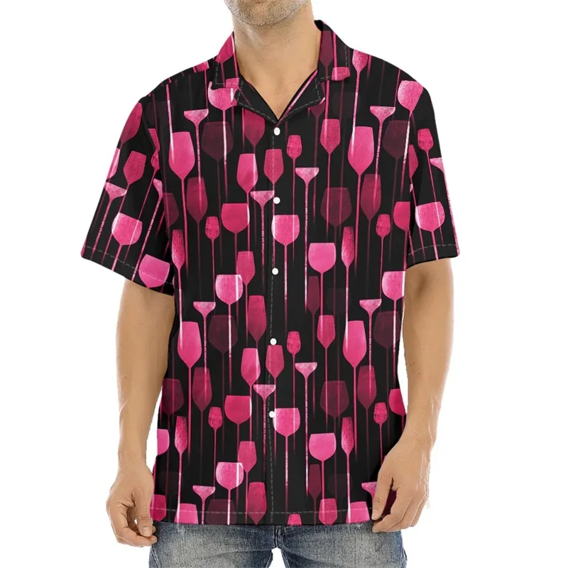 Camicia hawaiana con grafica di vino spumante con stampa 3D per camicetta da uomo estiva a maniche corte con abbottonatura di Champagne