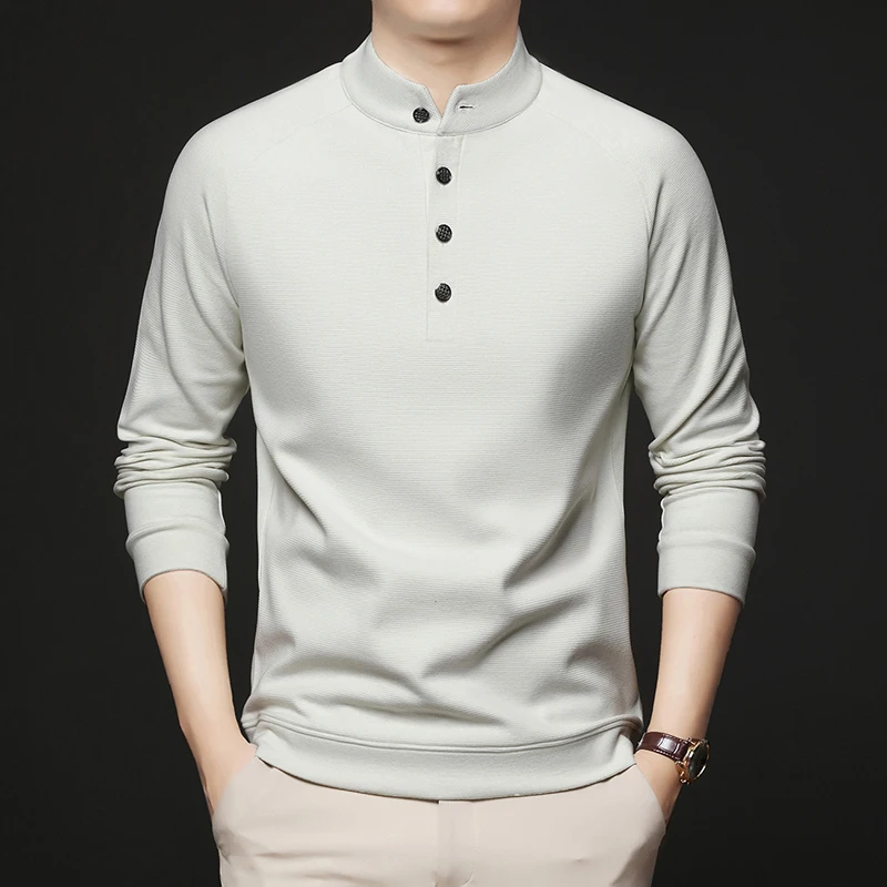 2025 가을 겨울 남성용 중국 스타일 스탠딩 칼라 후드티 신형 헨리 칼라 긴팔 티셔츠 다용도 베이스 셔츠