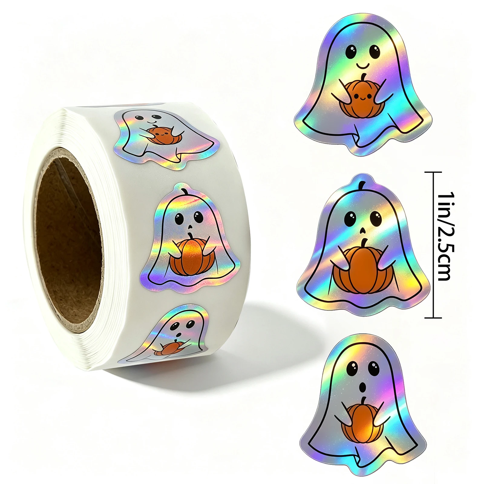 500Pcs-1In/2.5Cm Halloween Ghost Pumpkin-Shaped Holographic Stickers, Halloween Style Label Stickers, Three Types of Cartoon Ghost Pumpkin Holographic Colorful Label Stickers, Halloween Gift and Party Decoration Label Stickers, Craft Decoration Stickers, Gift Envelope Decoration Stickers