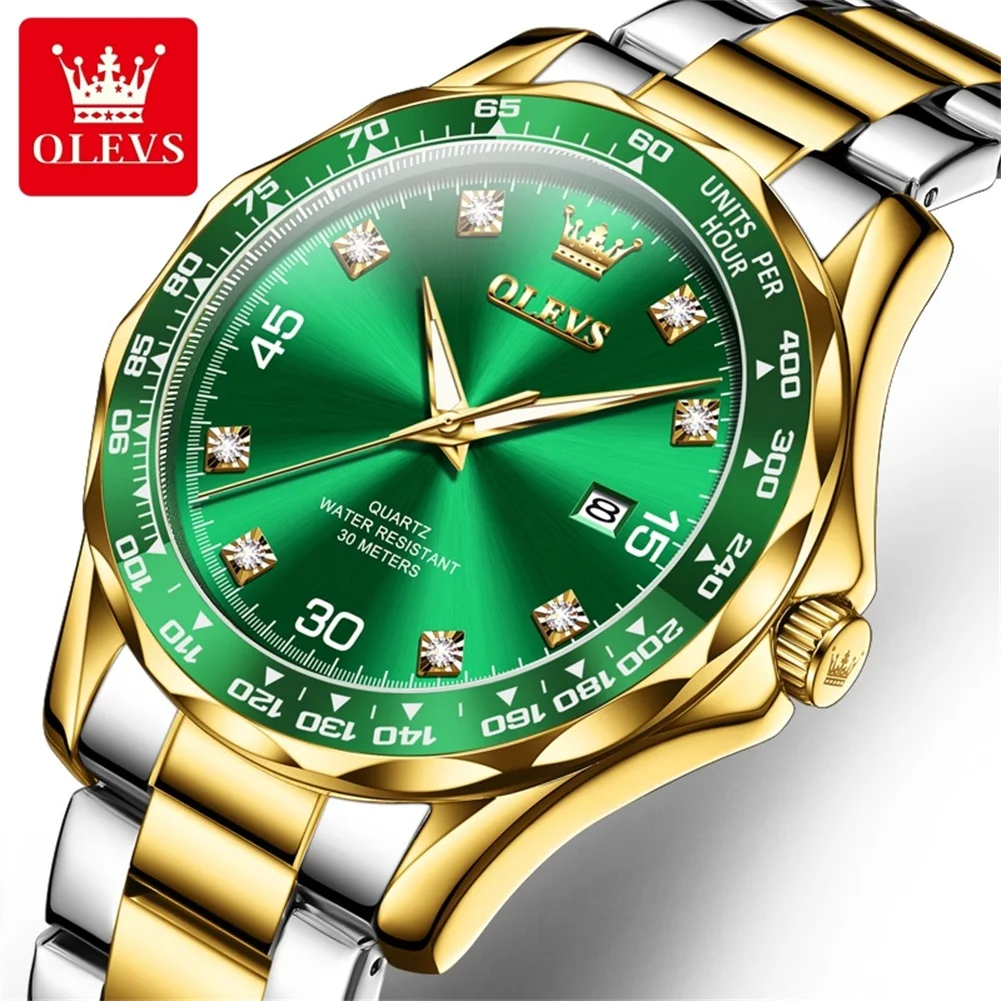 OLEVS Diving Series Quartz Wrist Watch for Men Green Water Ghost Stainless Steel Waterproof Luminous Date Luxury Men\'s Watch NEW