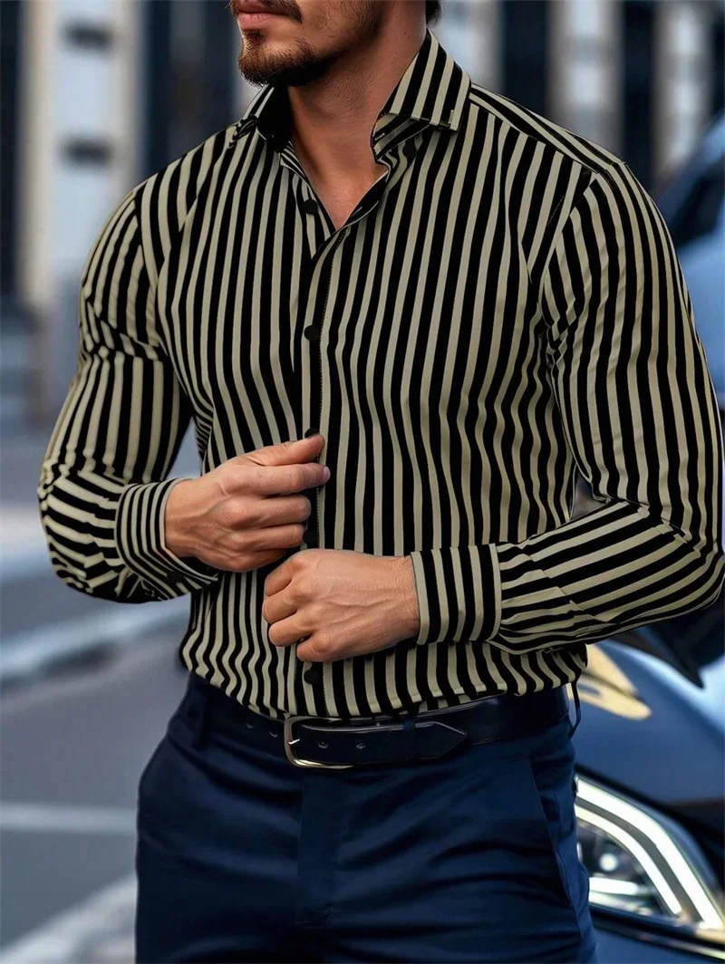 Men's New Dark Striped Design 3D Printed Shirt Retro Simple Business Casual Slim Long Sleeve Lapel Button Shirt Men's Top