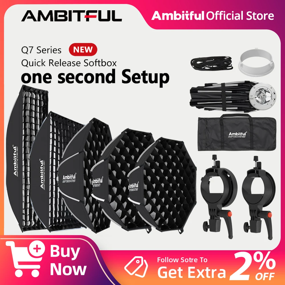

AMBITFUL Q7 Series 55cm 65cm 90cm 60*90cm 30*120cm Quick-Release OctagonalRectangular Bowens Mount Softbox On-top Flash Bracket
