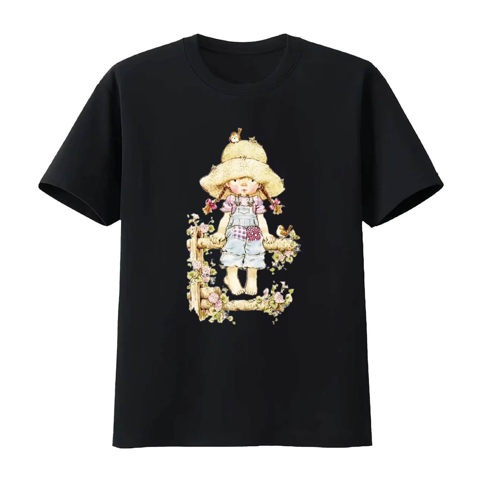 Sarah Kay - Girl sitting on a fence with birds T-Shirt Summer Casual Cotton Tee Oversized Streetwear Tops Unisex Men Women