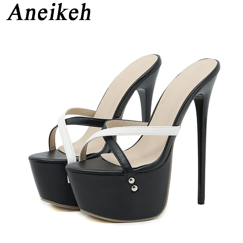 Aneikeh Summer Sexy Thin High Heel Women Platform Sandals Fashion PU Narrow Band Shallow Open Toe Party Dress Slingbacks Shoes