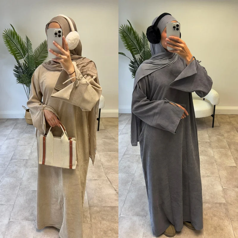Decorazioni con fiocco Abito da donna musulmana Abaya in velluto a coste sciolto, tasca laterale Autunno caldo e modesto abito Hijabi Islam Ramadan Eid