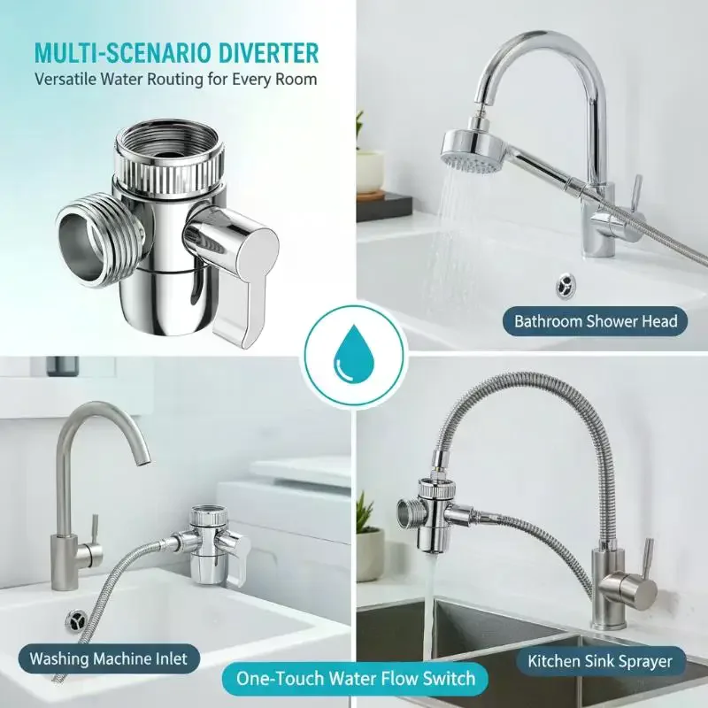 Sink Faucet Diverter 3 Way Valve Splitter G1/2 Leakproof Easy Install for Kitchen Bathroom Sink Tap Accessory